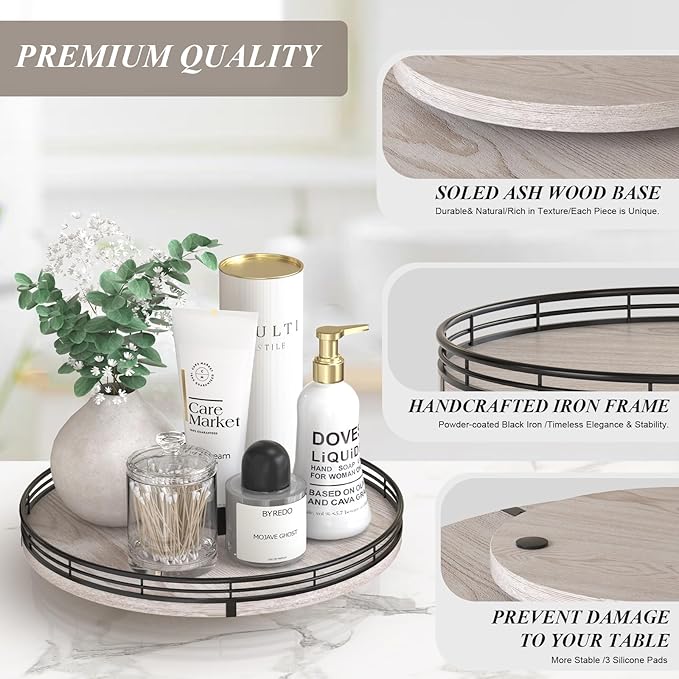12" Farmhouse Lazy Susan for Kitchen & Coffee Table Decor – Rustic Wood Tray with Black Metal Frame, Decorative Centerpiece for Dining Room, Ottoman, Living Room, Serving or Vanity Use