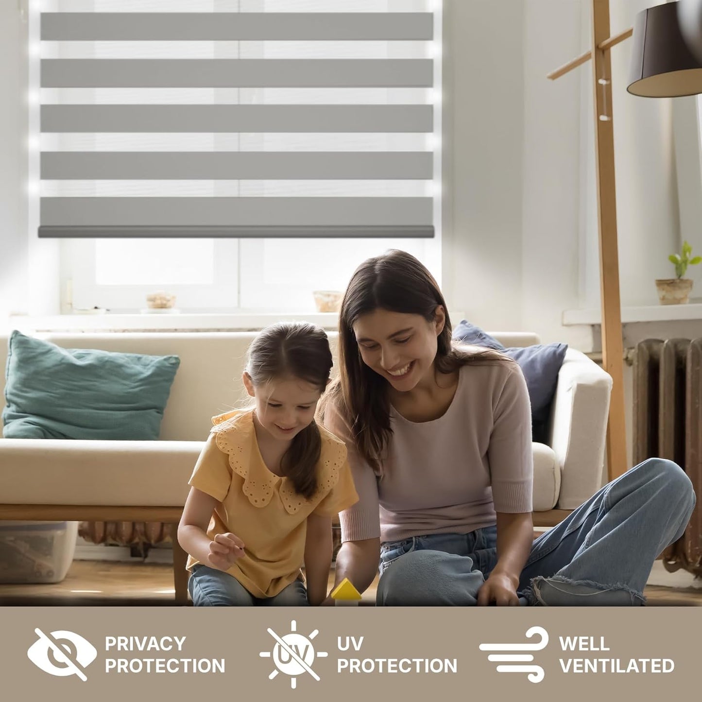 HESTIA Cordless Zebra Blinds Light Filtering Roller Shades UV Blocking Blackout Privacy Indoor Window Blind for Home Office Day and Night, Beige,48" W x 60" H