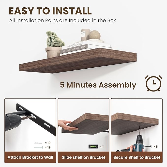24 Inch Floating Shelves, 11.6 Inch Deep Floating Shelves for Wall, Floating Shelf with Invisible Brackets, Deep Shelves for Bathroom, Bedroom, Living Room, 2 Pack, Walnut