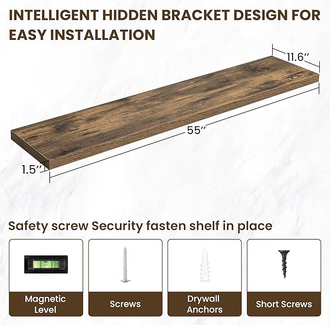 55 Inch Floating Shelves, 11.6 Inch Deep Floating Shelves for Wall, Floating Shelf with Invisible Brackets, Deep Shelves for Bathroom, Bedroom, Living Room, 1 Pack, Brown