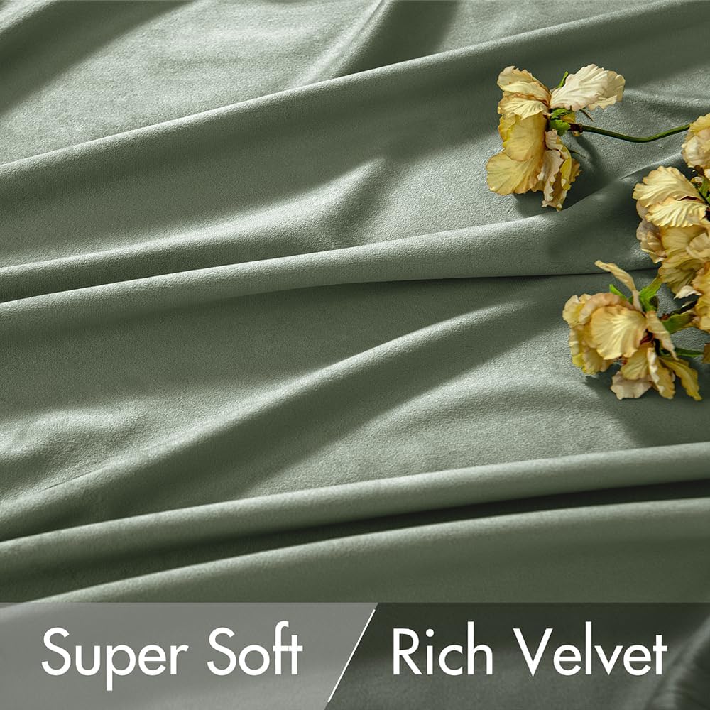 MIULEE Sage Green Velvet Curtains 90 inches 2 Panels - Pinch Pleat Luxury Room Darkening Window Drapes for Bedroom Living Room Thermal Insulated Super Soft Blackout, Back Tab Rod Pocket, W52 x L90