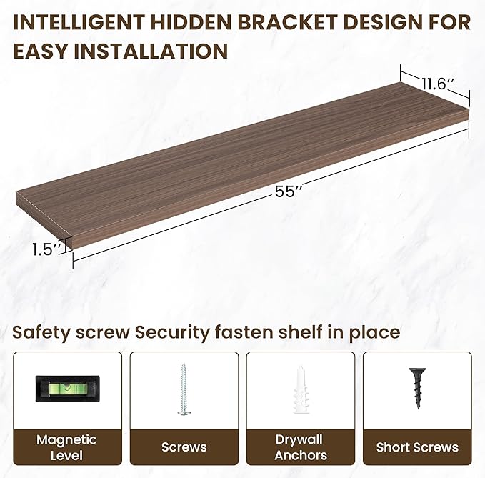 55 Inch Floating Shelves, 11.6 Inch Deep Floating Shelves for Wall, Floating Shelf with Invisible Brackets, Deep Shelves for Bathroom, Bedroom, Living Room, 1 Pack, Walnut