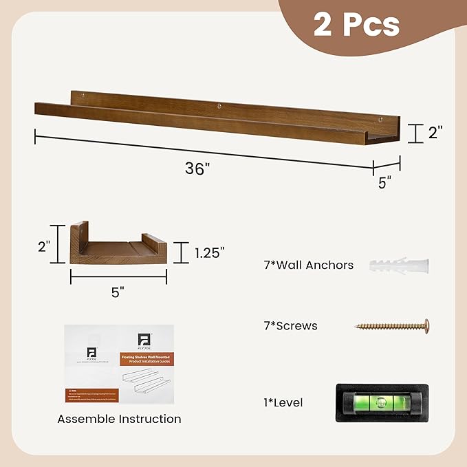 Picture Ledge Wall Shelves 36 inch Width Set of 2, Solid Pine Wood Rustic Floating Ledge Shelves for Wall for Kids' Room Bedroom Kitchen Bathroom Living Room Nursery Display Wall Decor, Walnut
