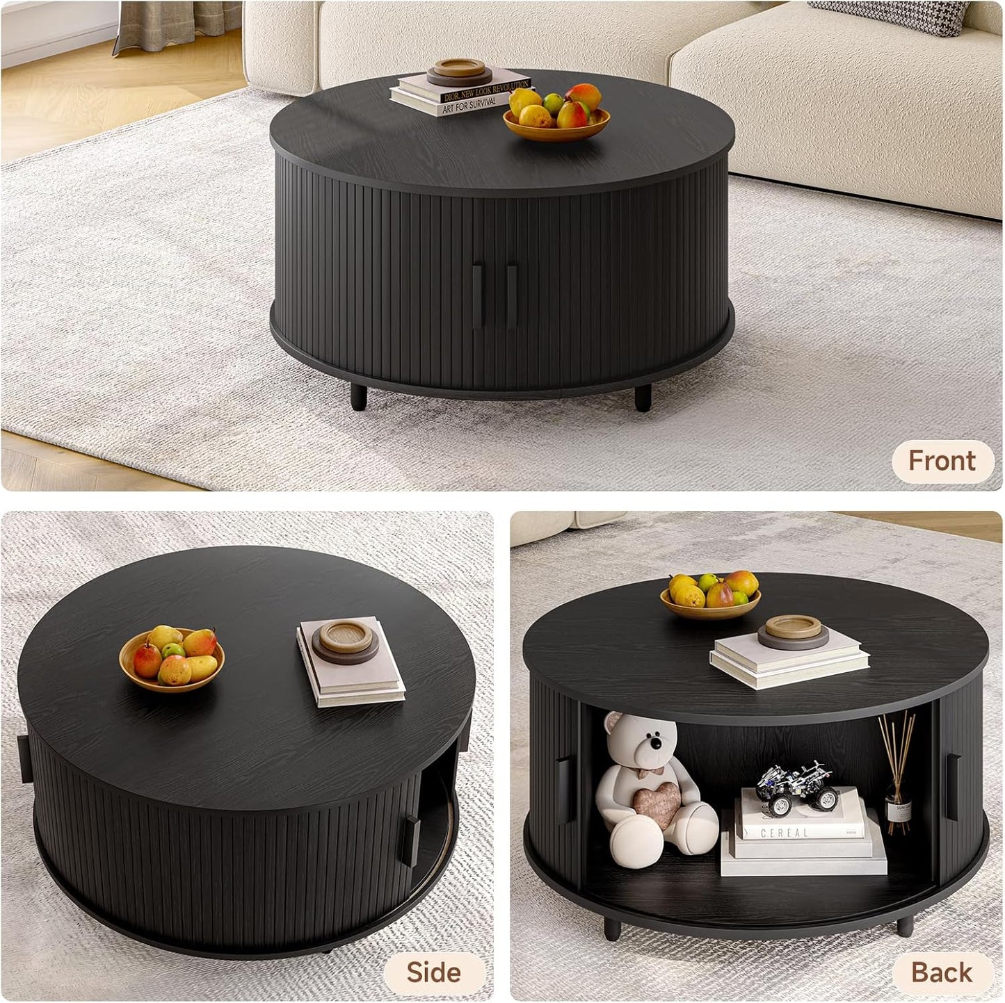 Round Coffee Table with Storage, 31.5" Modern Coffee Table with 360° Curved Sliding Door, Fluted Wood Accent Coffee Table with Adjustable Footpads, Round Center Table for Living Room, Black