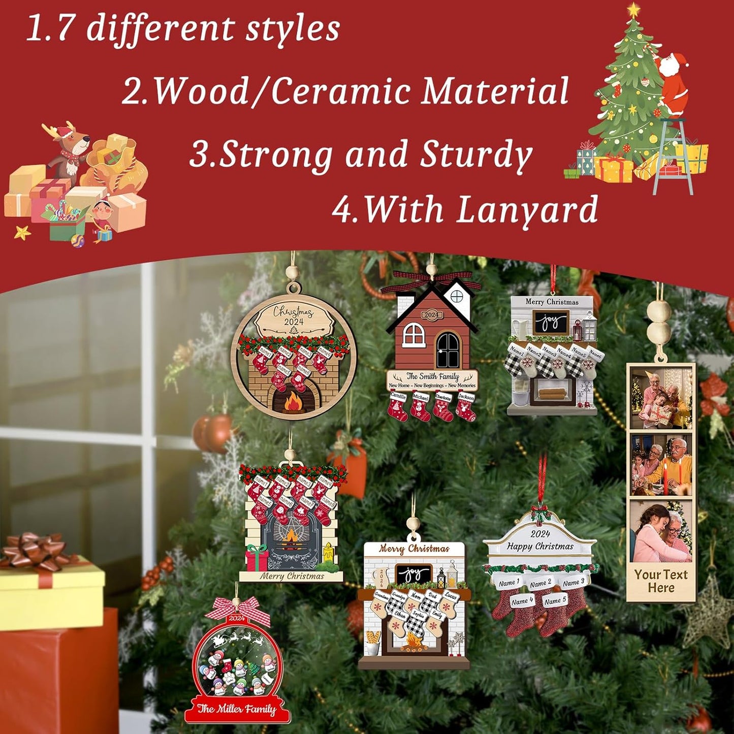 Personalized Christmas Ornaments with Names of 2/3/4/5/6/7/8 Custom Family Ornament Customized Xmas Tree Hanging Ceramic Decoration Gift Stocking