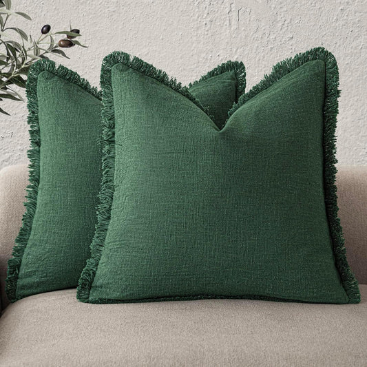 Foindtower Set of 2 Decorative Linen Fringe Throw Pillow Covers Cozy Boho Farmhouse Cushion Cover with Tassels Soft Accent Pillowcase for Couch Sofa Bed Living Room Home Decor, 24×24 Inch, Pine Green