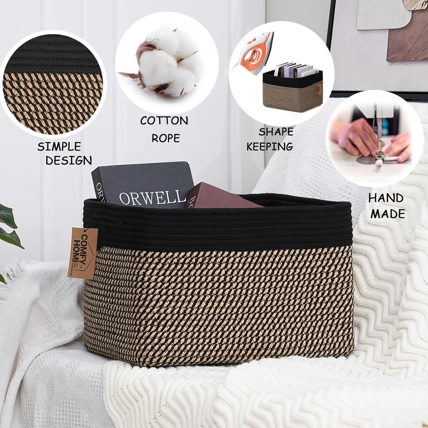 COMFY-HOMI Cotton Rope Woven Basket with Handles for Shelves,Toys,Book, Cloth Storage Baskets Bin for Organizing-13.5"x11"x9.5" Toy Decorative Organizer for Living Room, Bathroom-Black/Jute