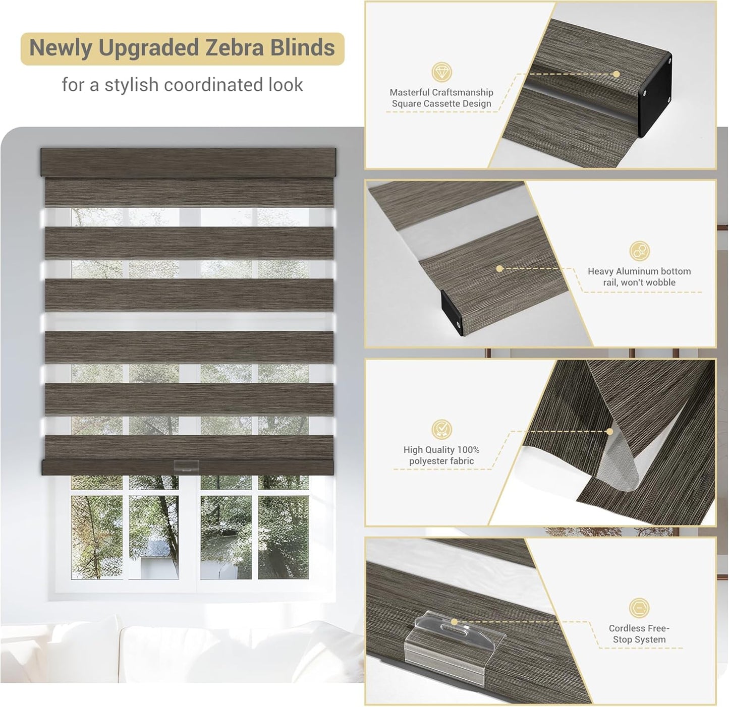 Cordless Zebra Blinds for Windows, Blackout Interior Blinds,Easy to Install,UV Protection,for Offices and Home,Custom Roller Shades, Mousse Dark Bown,38" W x 56" H