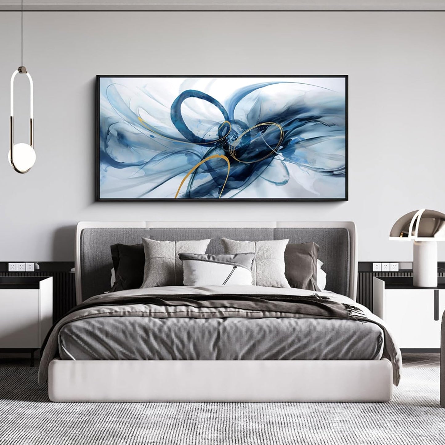 XLSJERST Frame Wall Art - Blue and White Picture for Living Room Modern Abstract Canvas Wall Decor Artwork for Office Bedroom Home Decoration