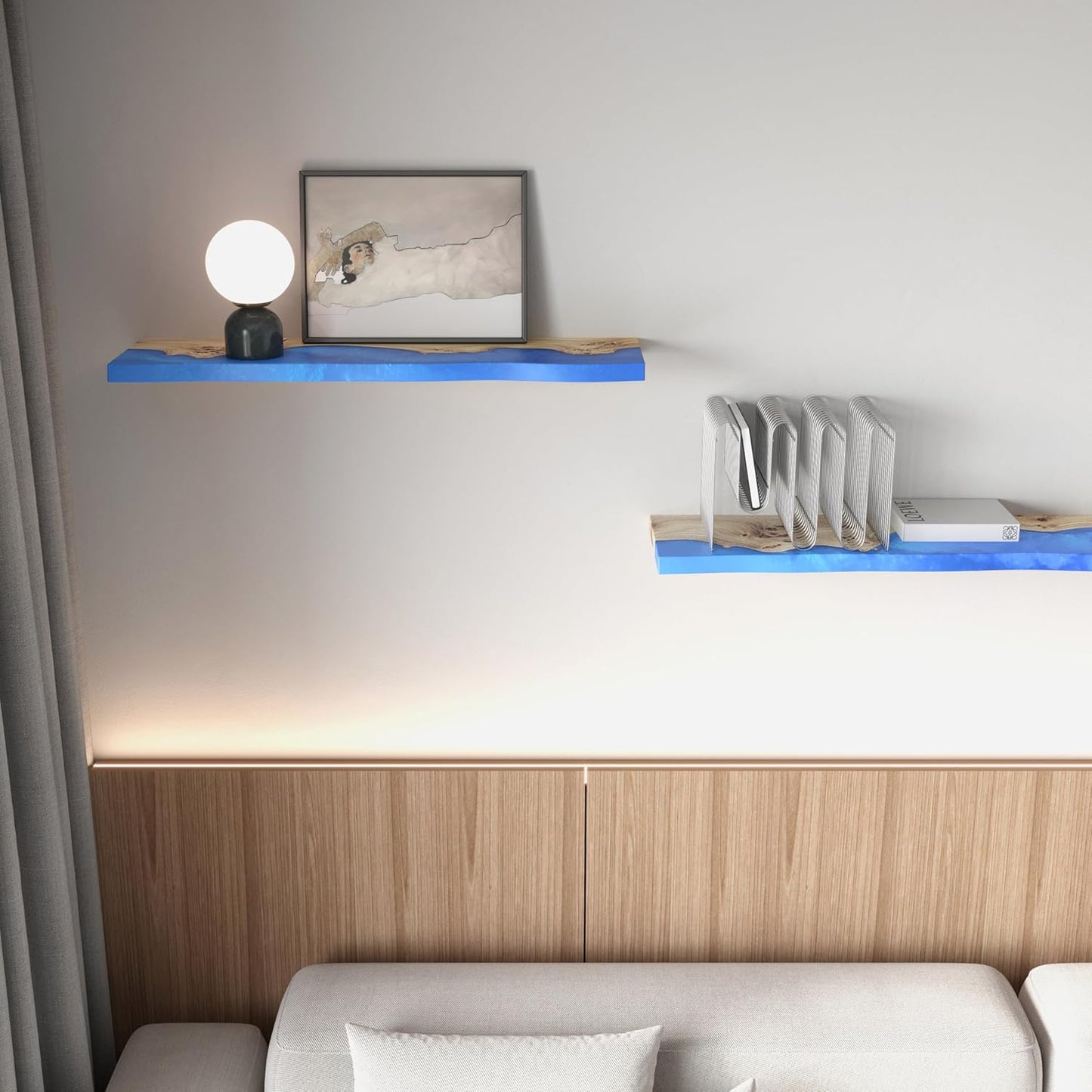 RWA Unique Floating Shelves for Wall Decor - Epoxy & Wood Wall Shelf Plank, Stylish Shelves for Room Wall Living Room Bedroom Office Organization - Elegant Wall Mounted Shelves Design (Small, blue)