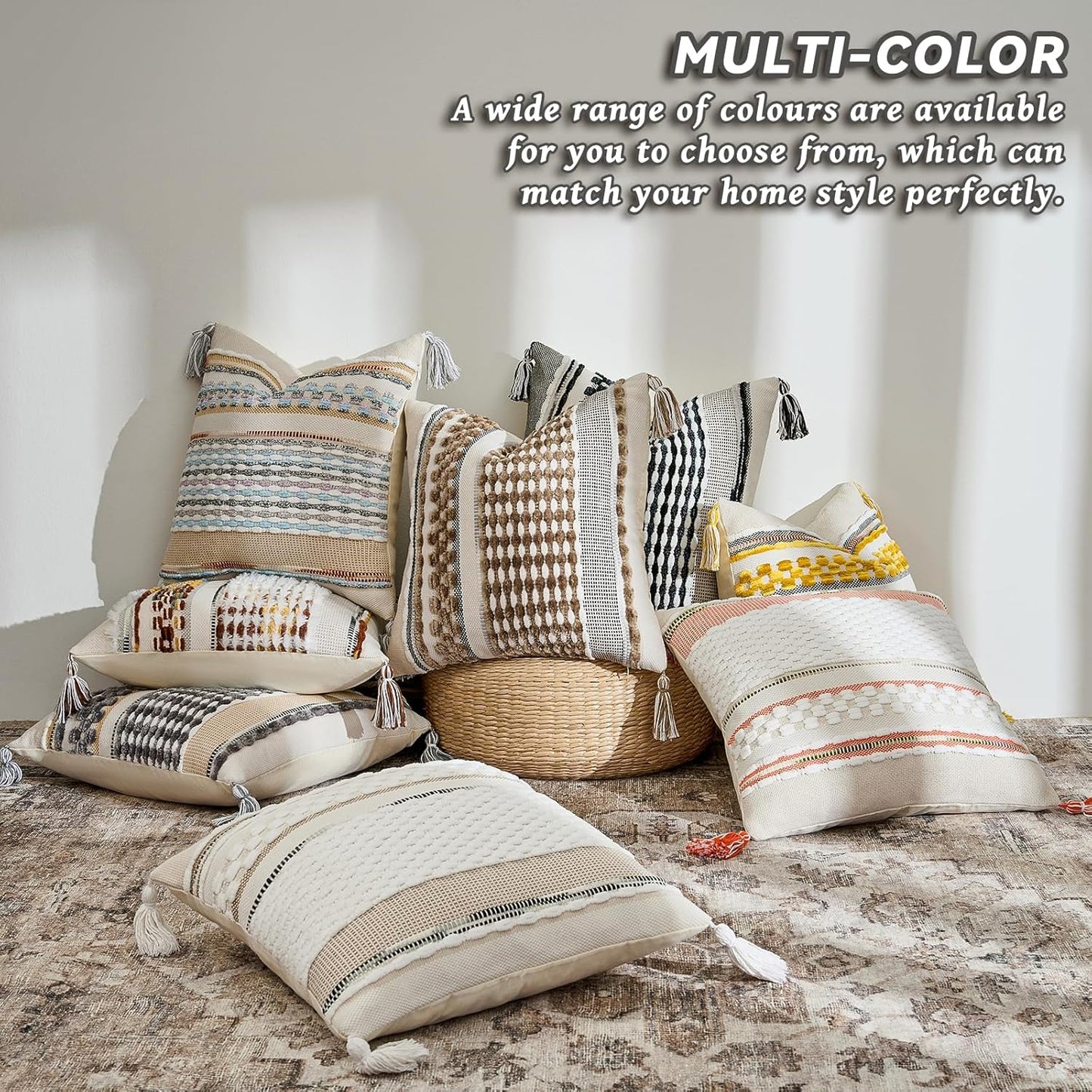 AmHoo Chenille Striped Tufted Textured Boho Throw Pillow Covers Aesthetic with Tassels Woven Decorative Pillow Case for Couch Bed Sofa Bedroom Modern Funky 18 x 18-Inch Brown White