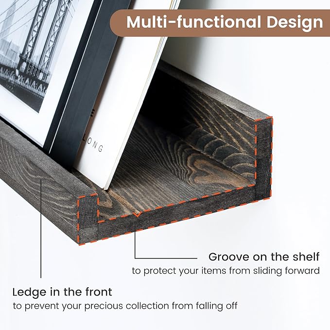 48 Inch Long Floating Shelves for Wall, Solid Pine Wood Picture Ledge Shelves with Lips, Nursery Book Shelves for Toys Storage Living Room Bedroom Photo Frames (2 Pcs, Grey)