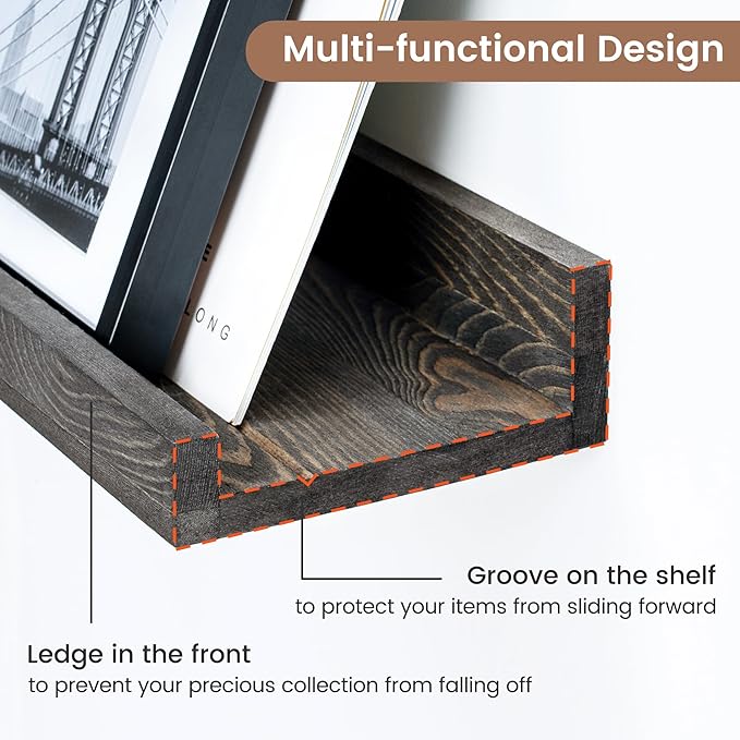 Picture Ledge Shelf, Floating Shelves Set of 2, Solid Pine Wood 72'' Long Large Nursery Book Shelves for Toys Storage, Kids Bookshelf for Living Room Bedroom Decor Books Photo Frames, Grey