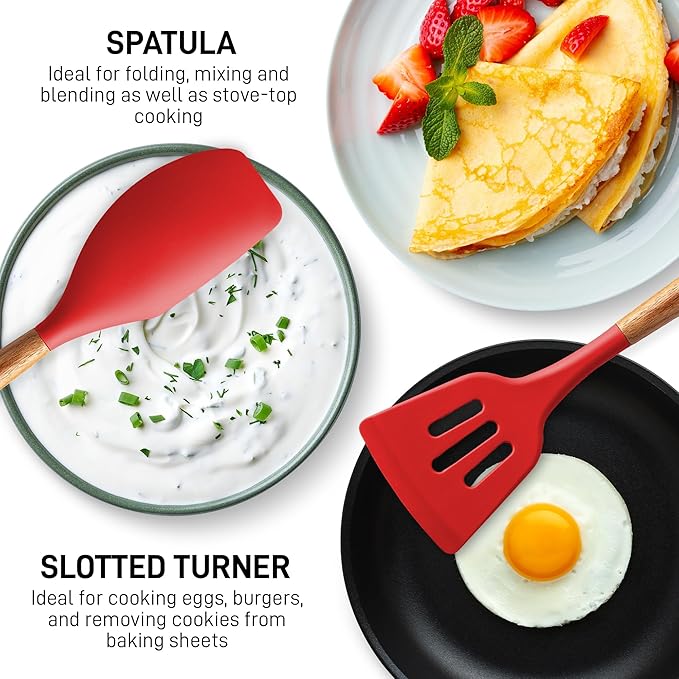Zulay Kitchen Utensils Set Non-Stick Silicone Cooking Utensils Set with Authentic Acacia Wood Handles - 5 Piece Silicone Utensil Set - Silicone Kitchen Utensils Set with 464°F Heat Resistance - Red