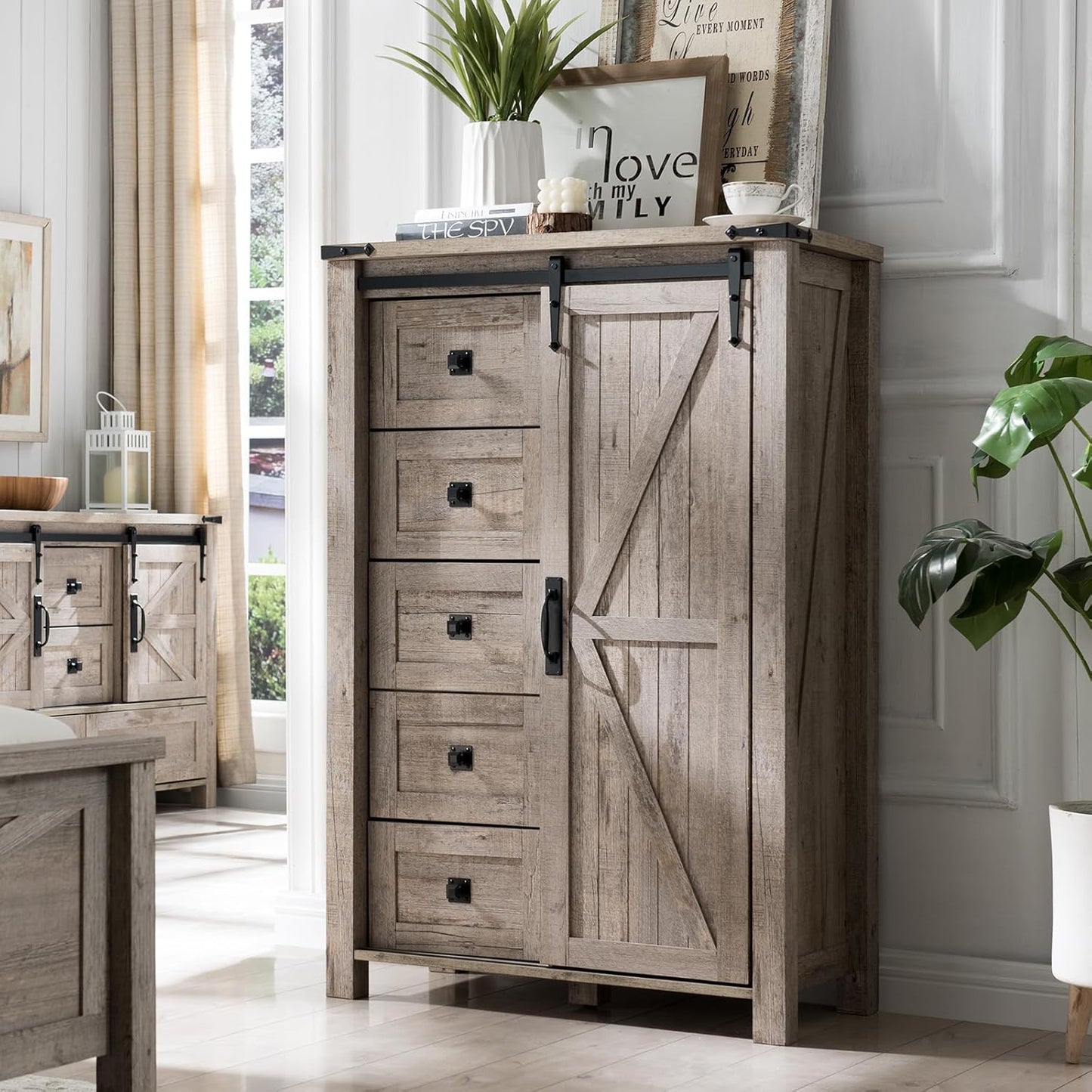 T4TREAM 5 Drawers Dresser for Bedroom w/Sliding Barn Door, Farmhouse Modern Tall Dresser 5 Chest of Drawers, Storage Organizer for Bedroom, Hallway, Living Room, Kids Room, Light Rustic Oak
