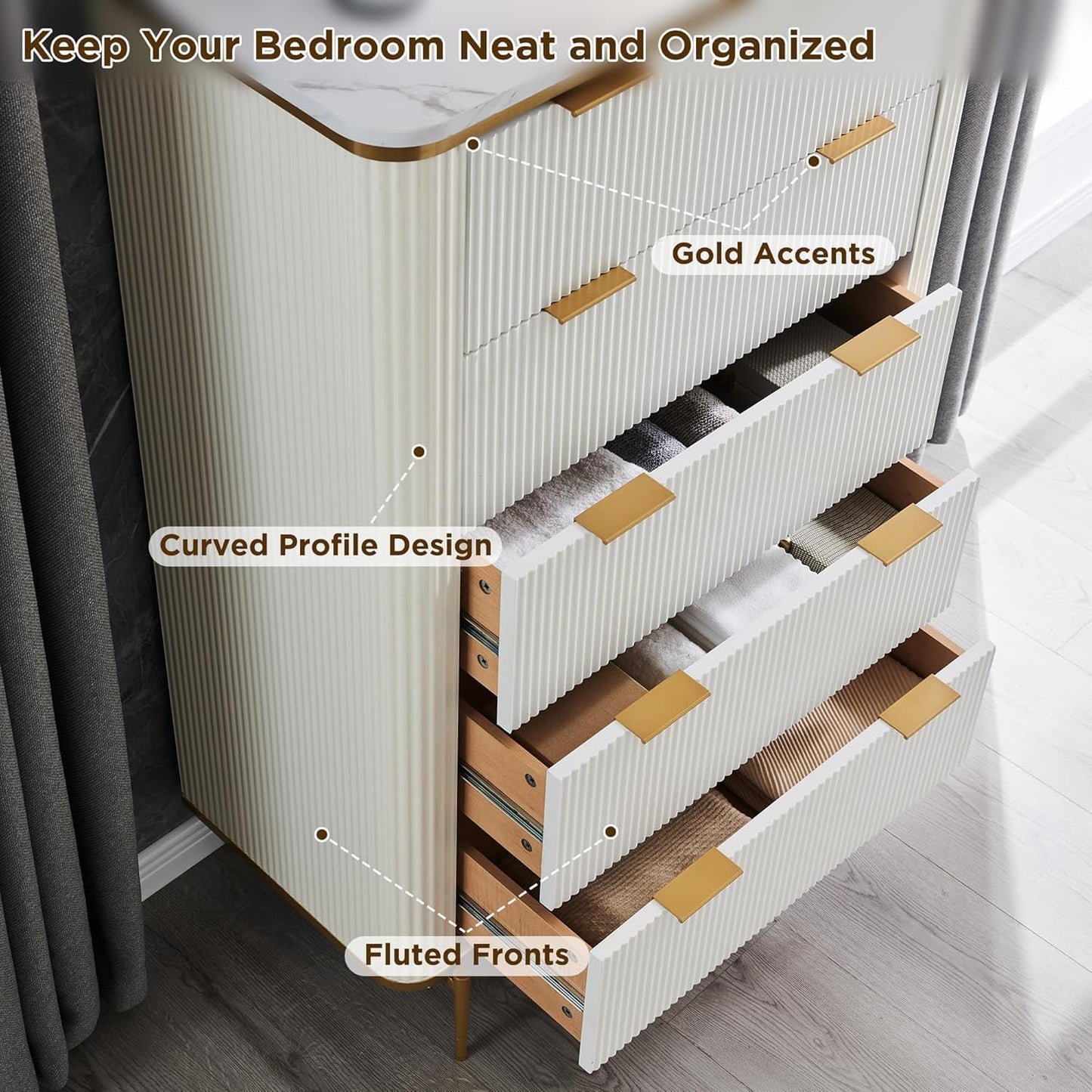 T4TREAM Fluted 5 Drawers Dresser for Bedroom, 48" Tall Modern Dresser Chest of Drawers, Gold Accents, Fluted Fronts, Wood Storage Dressers Organizer for Bedroom, Living Room (Off White)