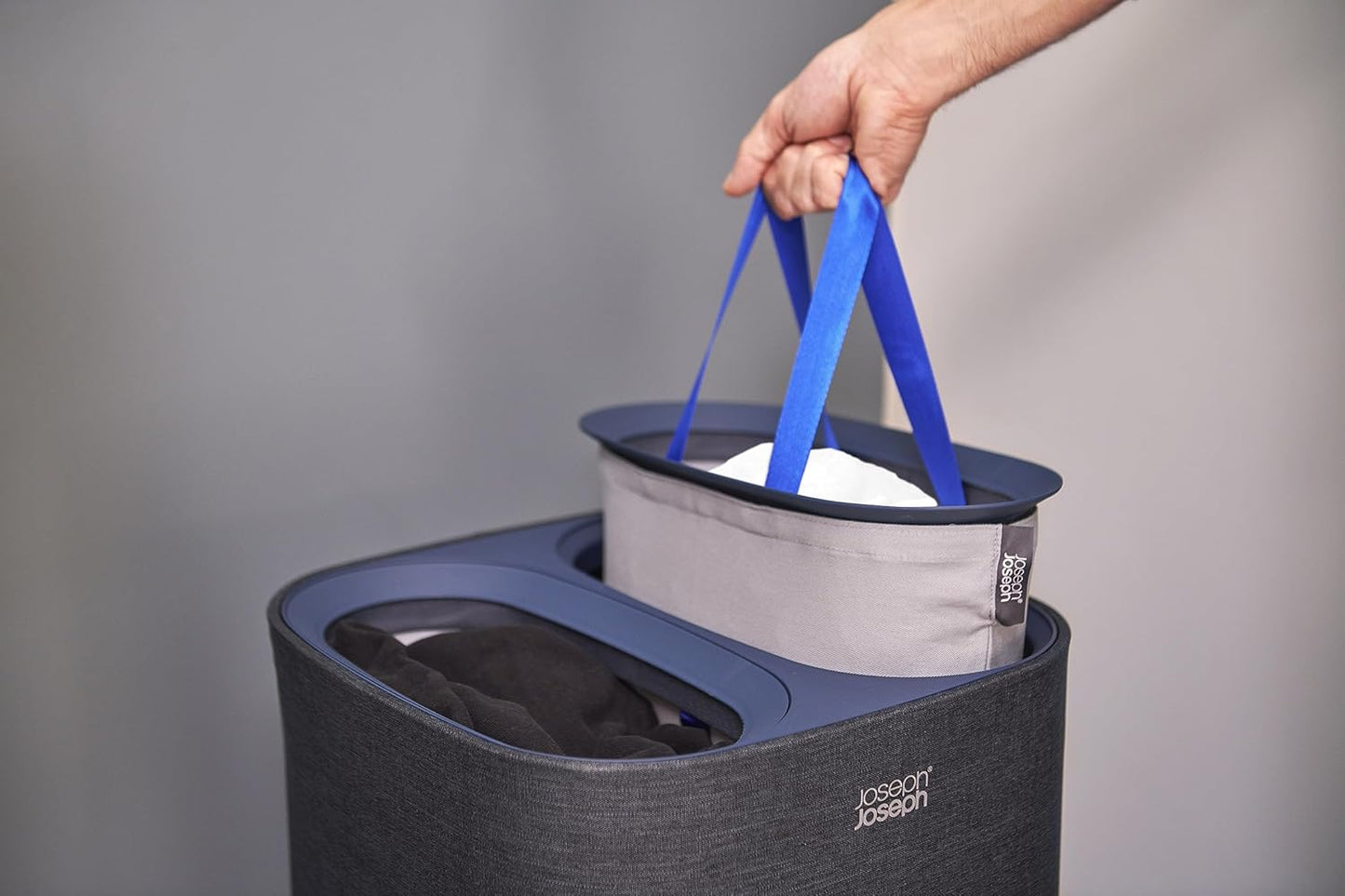 Joseph Joseph Tota 60 liter/15.8 gallon Laundry Hamper Separation Basket with lid, 2 Removable Washing Bags with Handles- Carbon Black