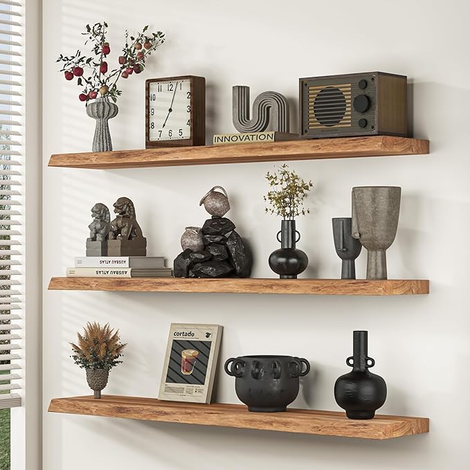 Floating Shelves for Wall, 42" Live Edge Solid Elm Wood Floating Shelf, Wall-Mounted Display Shelves with Invisible Heavy-Duty Metal Bracket, Floating Shelf for Living Room Kitchen, Natural
