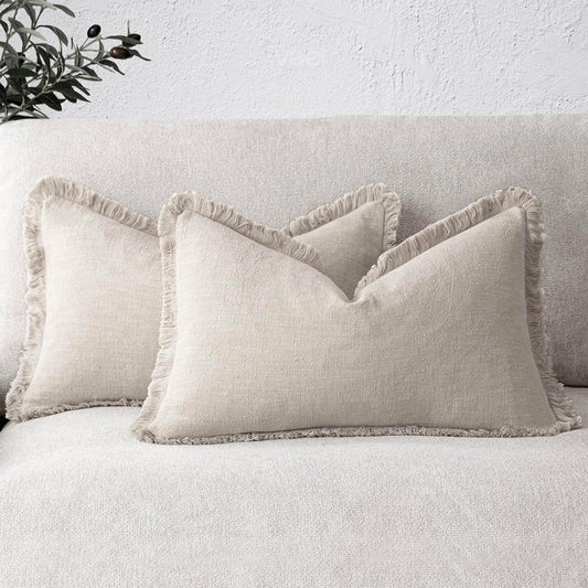 Foindtower Set of 2 Decorative Linen Fringe Lumbar Throw Pillow Covers Boho Farmhouse Cushion Cover with Tassels Cozy Accent Pillowcase for Sofa Couch Living Room Home Decor,12×20 Inch,Natural Beige