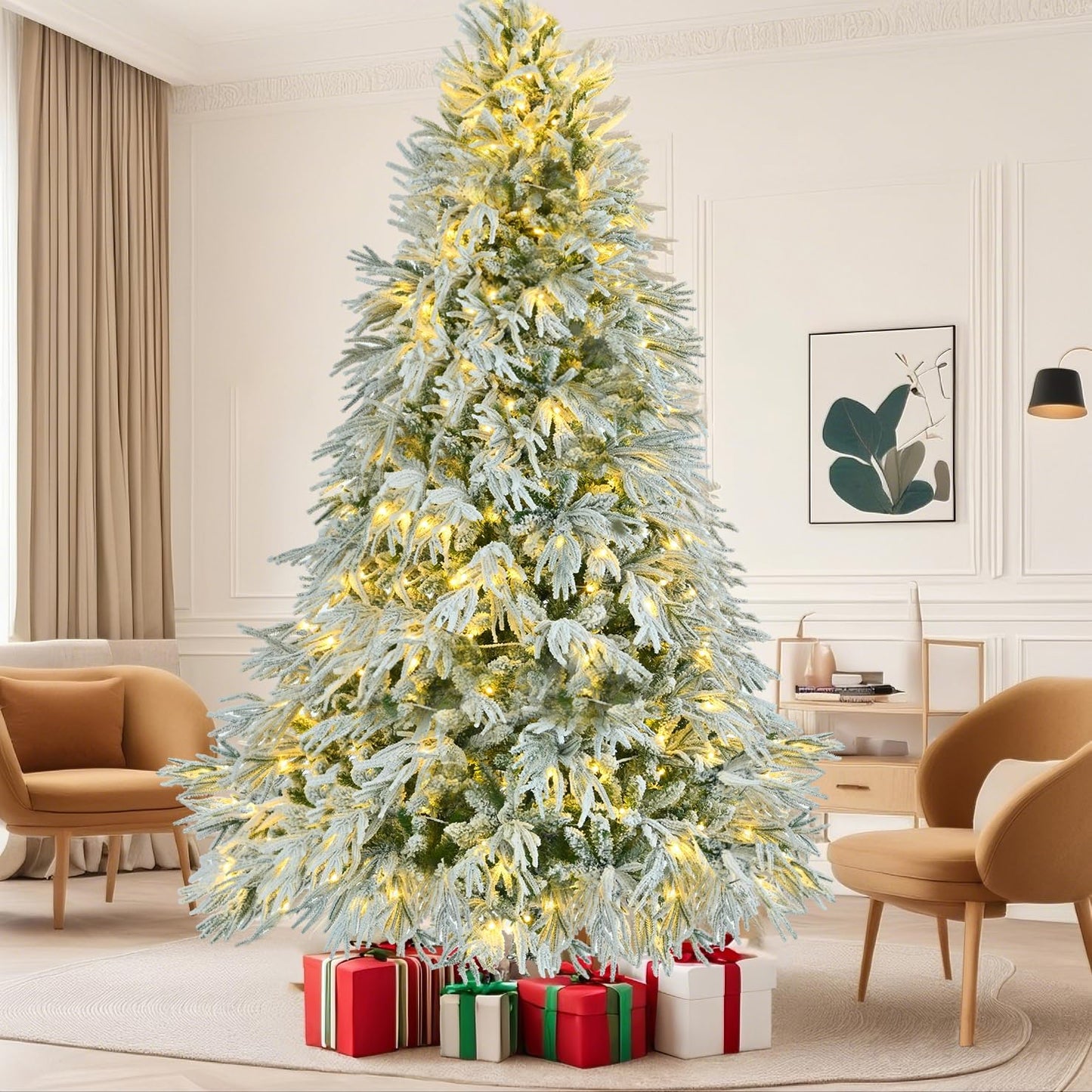 7.5FT Pre-Lit Spruce Snow Flocked Artificial Christmas Tree - Xmas Tree for Christmas,350 Multi-Color LED Lights and 1389 Branch Tips, Xmars Trees for Home Office Christmas Decor