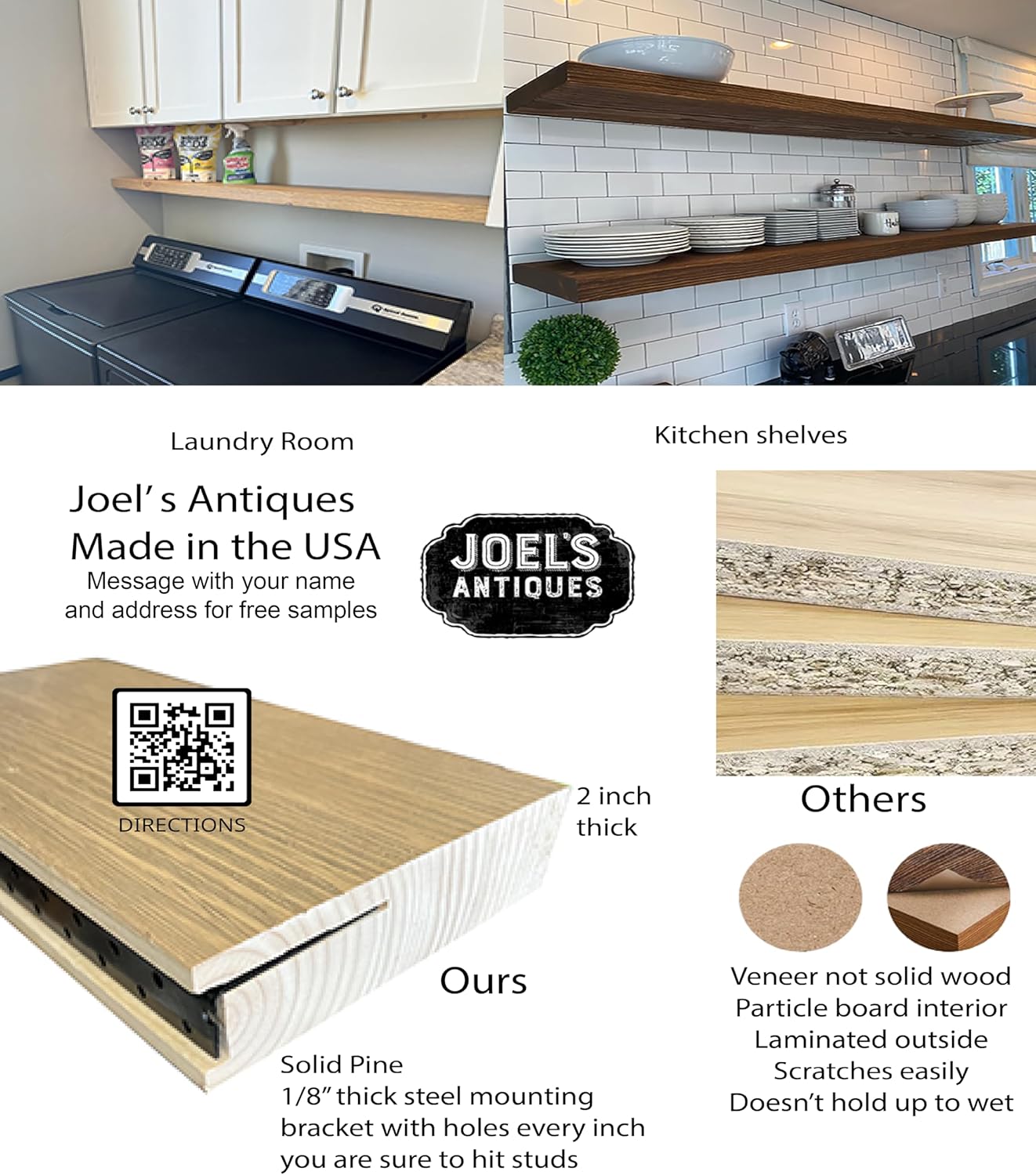 Joel's Antiques 42 Inch Wooden Floating Shelves for Wall - 42x12x2 in - Made of Natural Wood - Long Heavy Duty Rustic Wall Shelves for Bedroom - Perfect for Living Room, Kitchen - Black