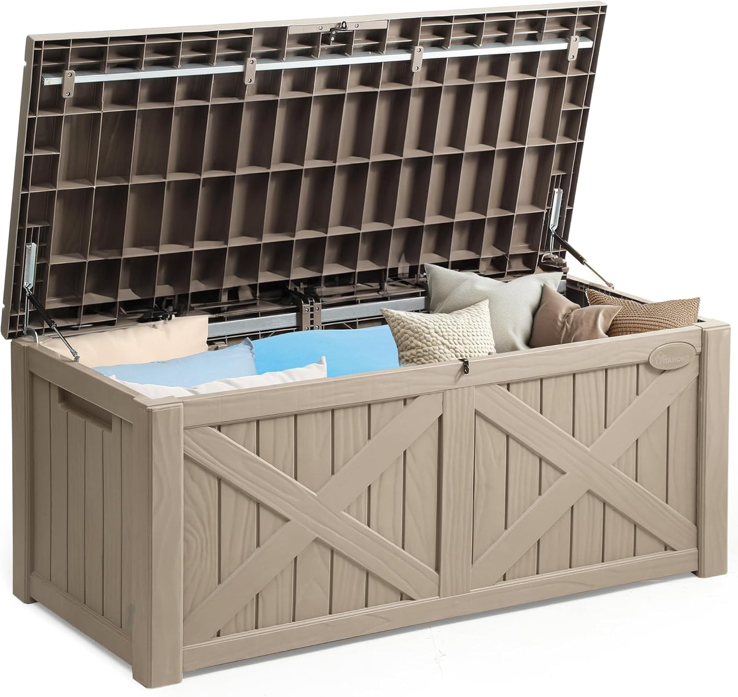 YITAHOME 120 Gallon Large Outdoor Storage Box with X-Shaped Front, Waterproof Resin Deck Box Cushion Storage Bench for Patio, Pool Supplies, Garden Tools- Lockable, Taupe