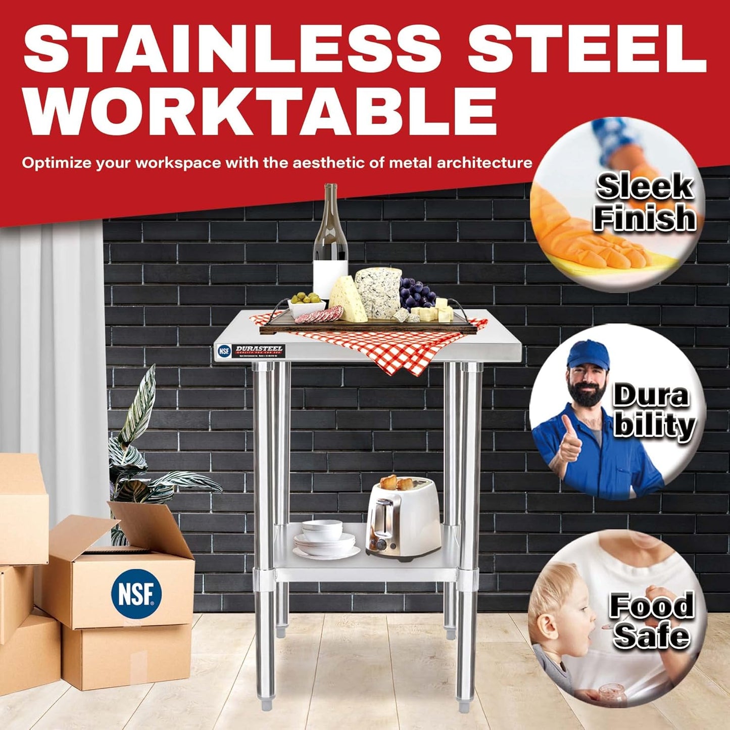 DuraSteel 24x24 Stainless Steel Prep Table - NSF Commercial Outdoor Grill Worktable - Metal Side Mixer Stand with Under Shelf - For Laundry Room, Kitchen, Small Spaces