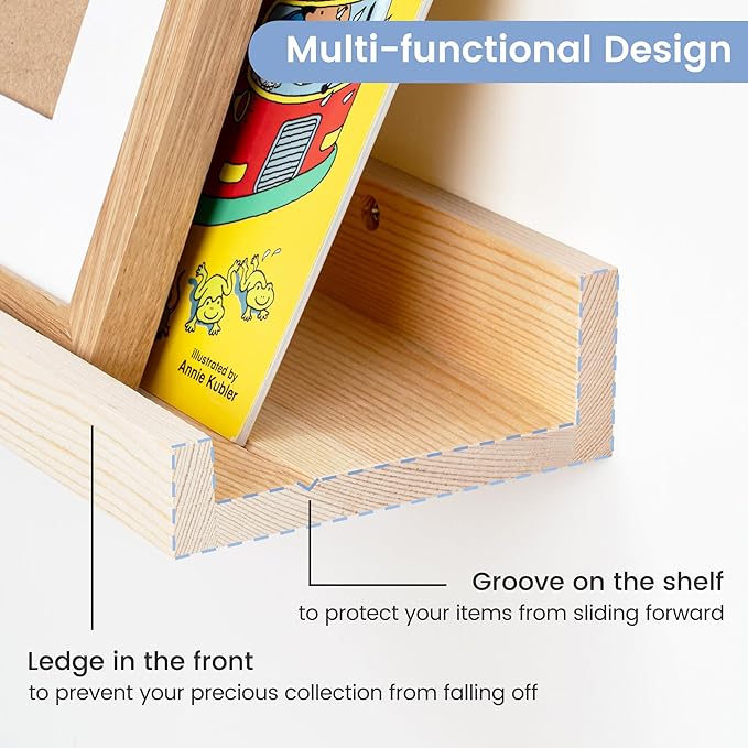 Picture Ledge Shelf for Wall, 16 inches Solid Pine Wood Nursery Book Shelves 3 Packs, Floating Ledge Shelves for Kids' Room Bedroom Bathroom Living Room Photo Frames Office Nursey Wall Decor, Natural
