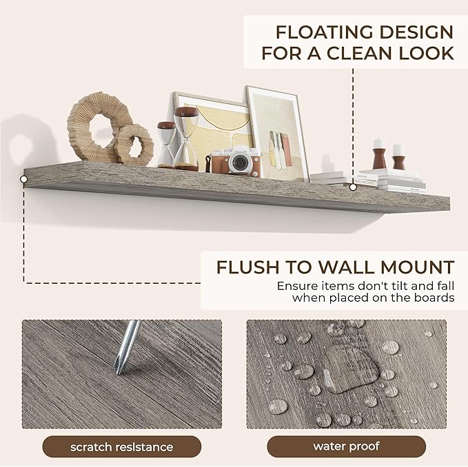 RICHFOCUS 72Inch Floating Shelves for Wall 2 Pack Shelves for Bedroom|Kitchen|Bathroom Wall Mounted Rustic Wood Floating Shelf with Invisible Brackets for Books|Storage|Decor, Grey