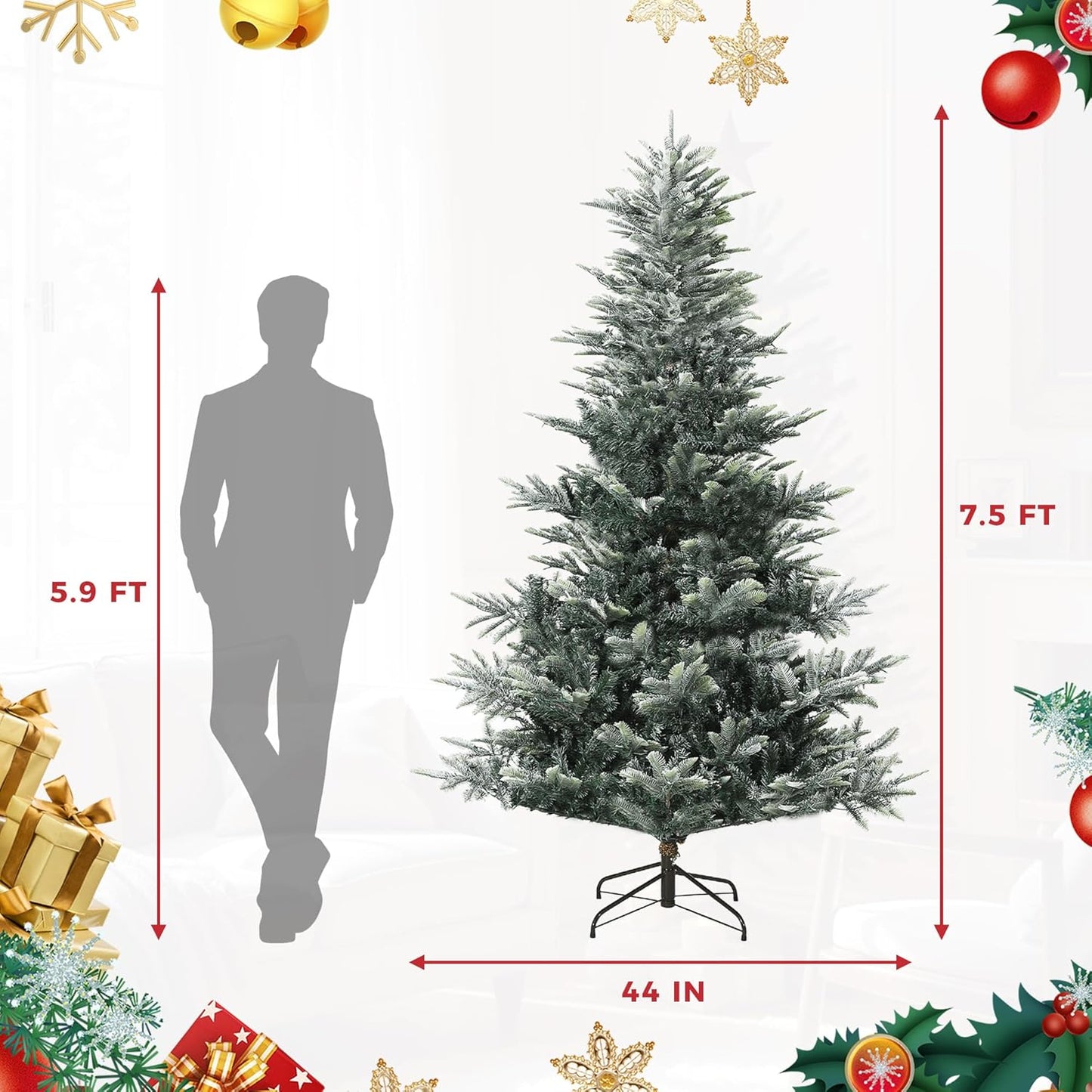 GarveeHome 7.5 FT Lighted Aspen Fir Christmas Tree,Flocked Green Artificial Christmas Tree with Warm White & Twinkle Lights for Indoor,Outdoor, Holiday Décor, Metal Hinges, Foldable Base