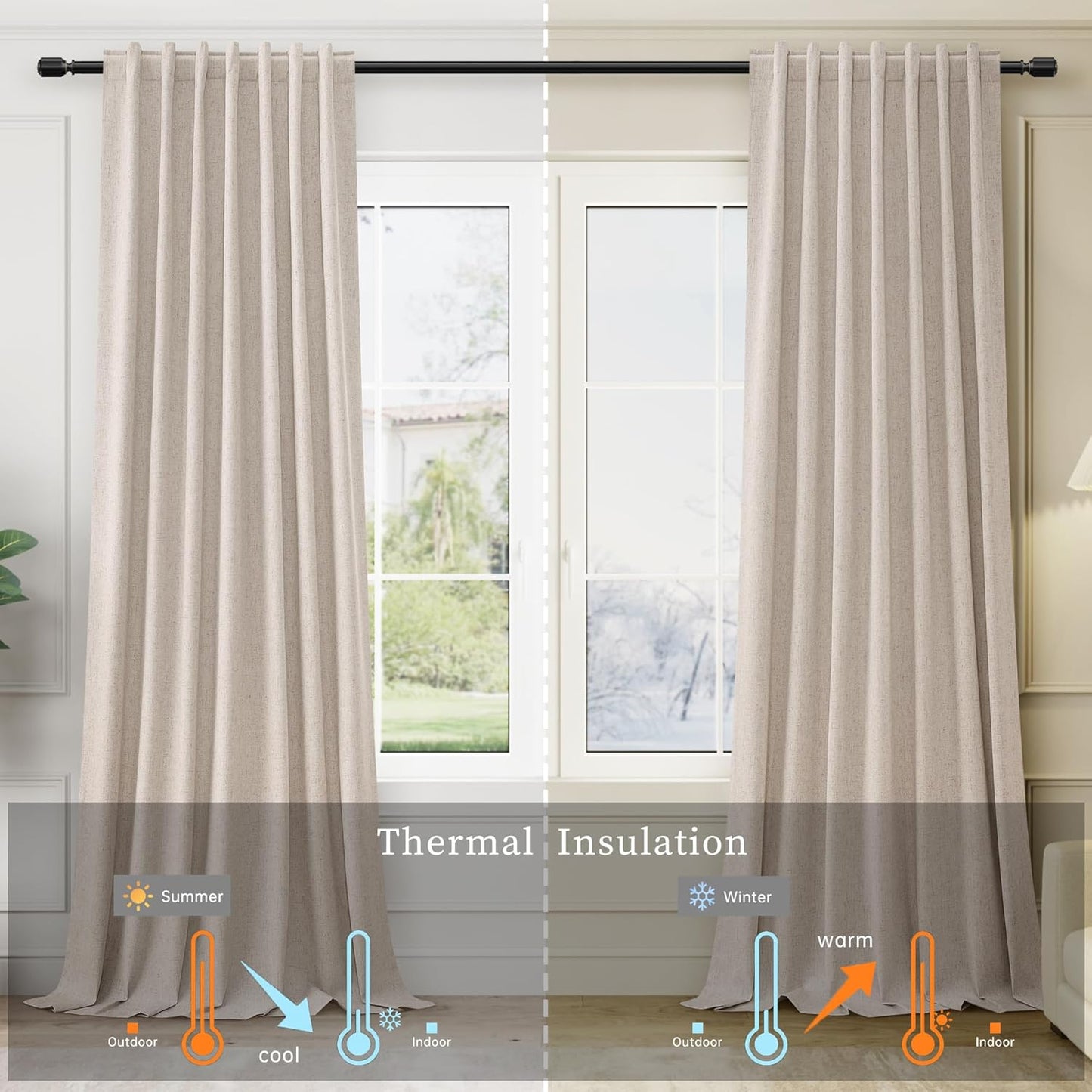 BOODII Oatmeal Thermal Insulated Black Out Curtains 90 Inches Long for Bedroom Back Tab Full Blackout Linen Curtains Heat Blocking Energy Saving Room Darkening Curtain Nursery Drapes Warm Taupe