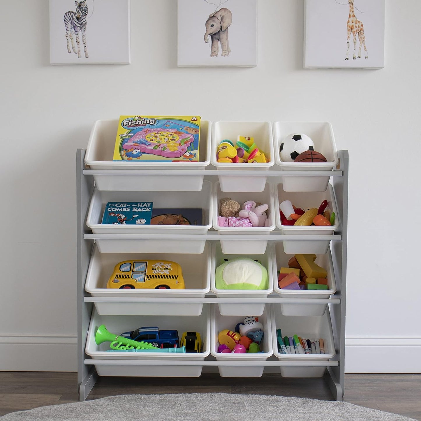 Humble Crew Kids Toy Storage Organizer with 12 Plastic Bins, Grey/White – Removable Bins for Playroom, Bedroom, Toddler Furniture for Boys and Girls Ages
