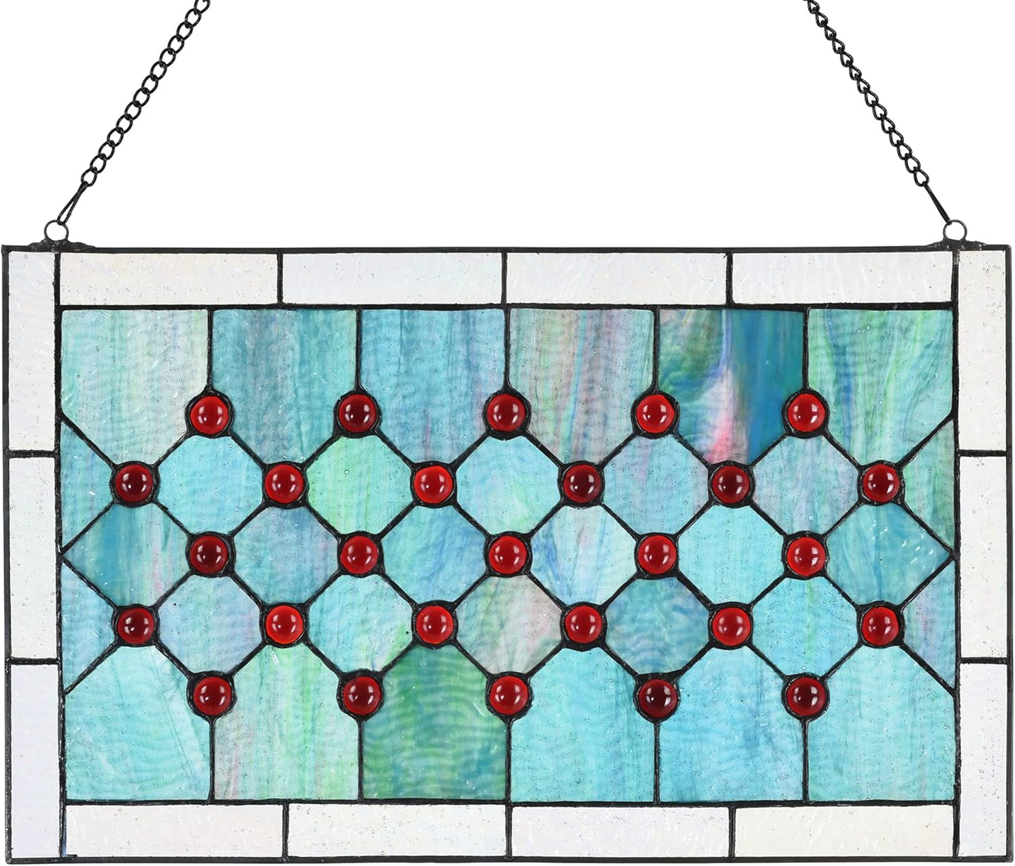 Tiffany-Style Stained Glass Window Panel, 100% Genuine Stained Glass and Cabochon, Handcrafted 73 Pieces, Blue/Green, Size: 19.25" x 11.75", Hanging Chain Included