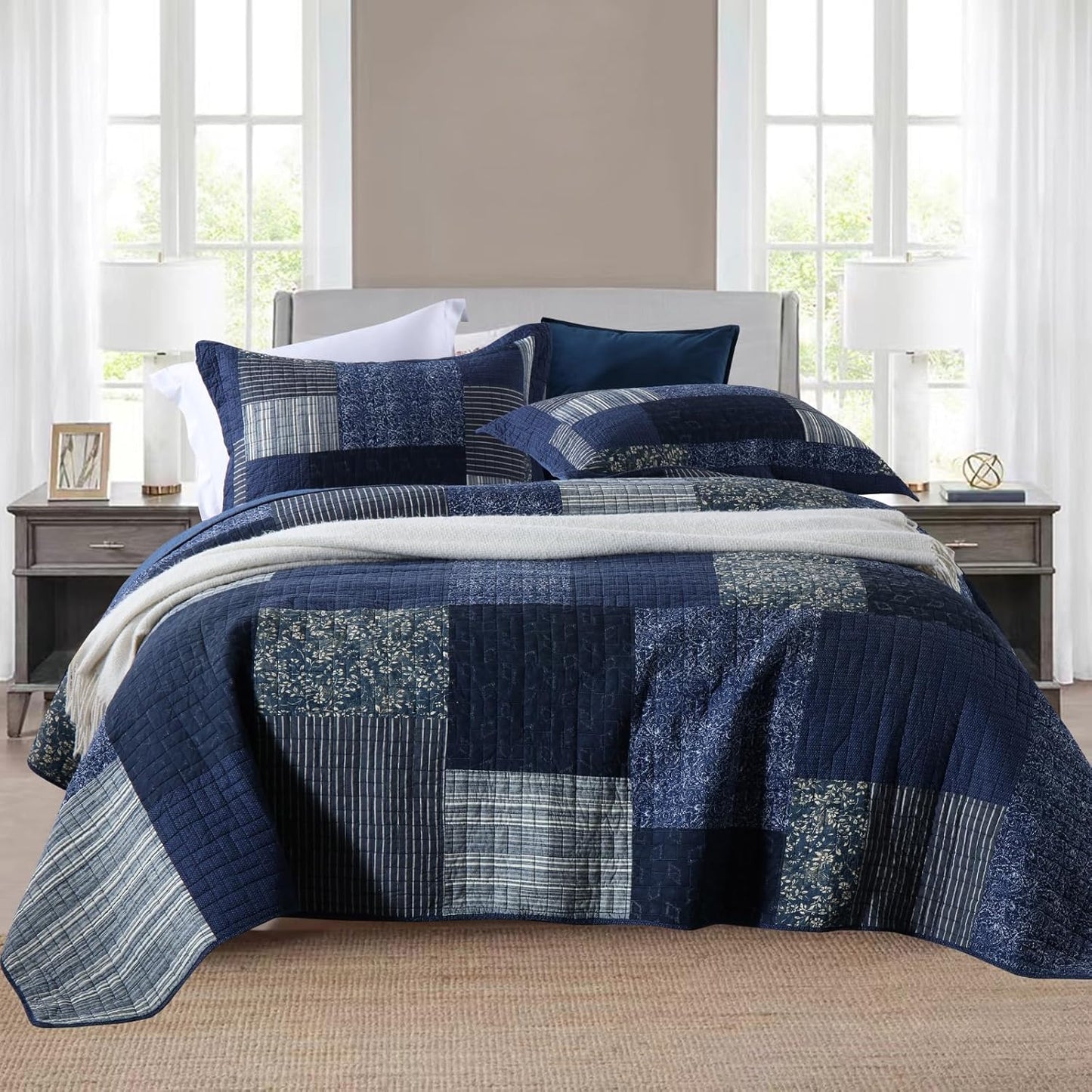 Yvooxny Quilts King Size Reversible Lightweight Bedspread 3-Piece Quilt Set Plaid Floral Patchwork 100% Cotton King Quilt Set Bedding Set with Pillow Shams for All Seasons, Azure Blue, 98x106''