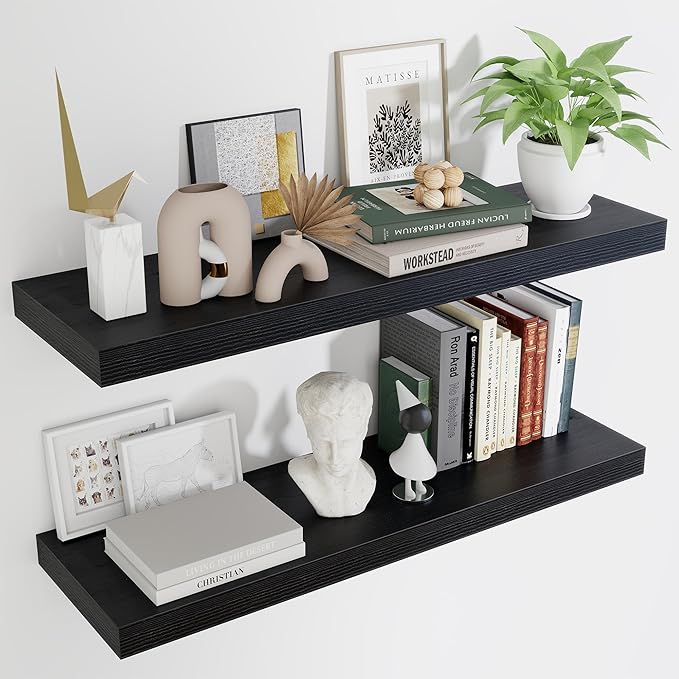 Fun Memories Floating Shelves for Wall 36 Inches, Wood Shelves with Invisible Bracket, 10" Deep Shelves Wall Mounted, Large Wood Floating Shelves for Living Room Bathroom, Black, Set of 2