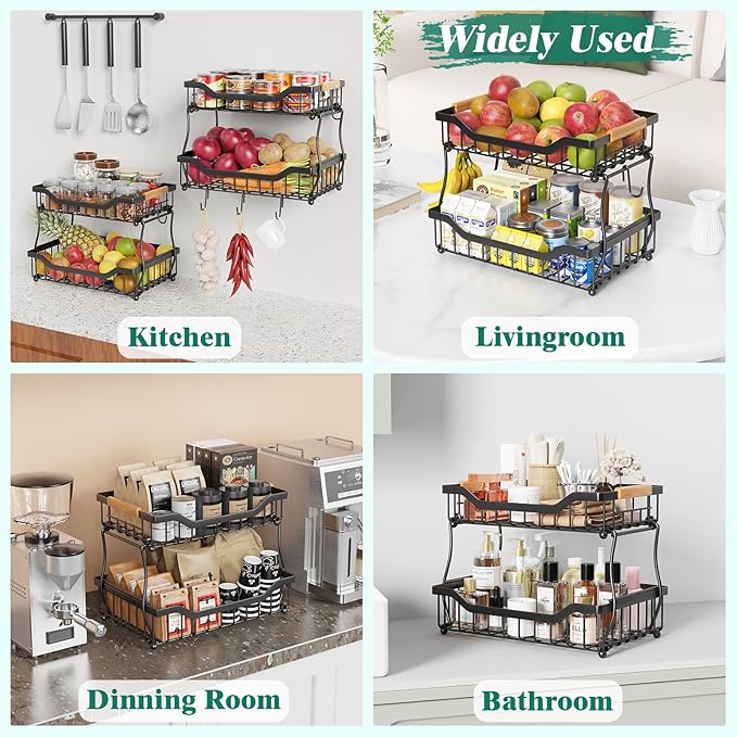Giwil 2 Tier Countertop Fruit Basket for Kitchen, Vegetable Storage Bread Fruit Bowl Stand with 2 Banana Hangers, Wall Mounted Metal Wire Basket Organizer for Potato Onion, Black
