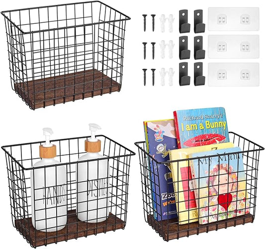 Wall Hanging Baskets 3 Pack, Large Diversified Wire Basket Shelves of Wooden Style, with Wall Mounted Metal Hooks & Traceless Stickers, for Kitchen Coffee Bar Office Room Garage Storage Organization