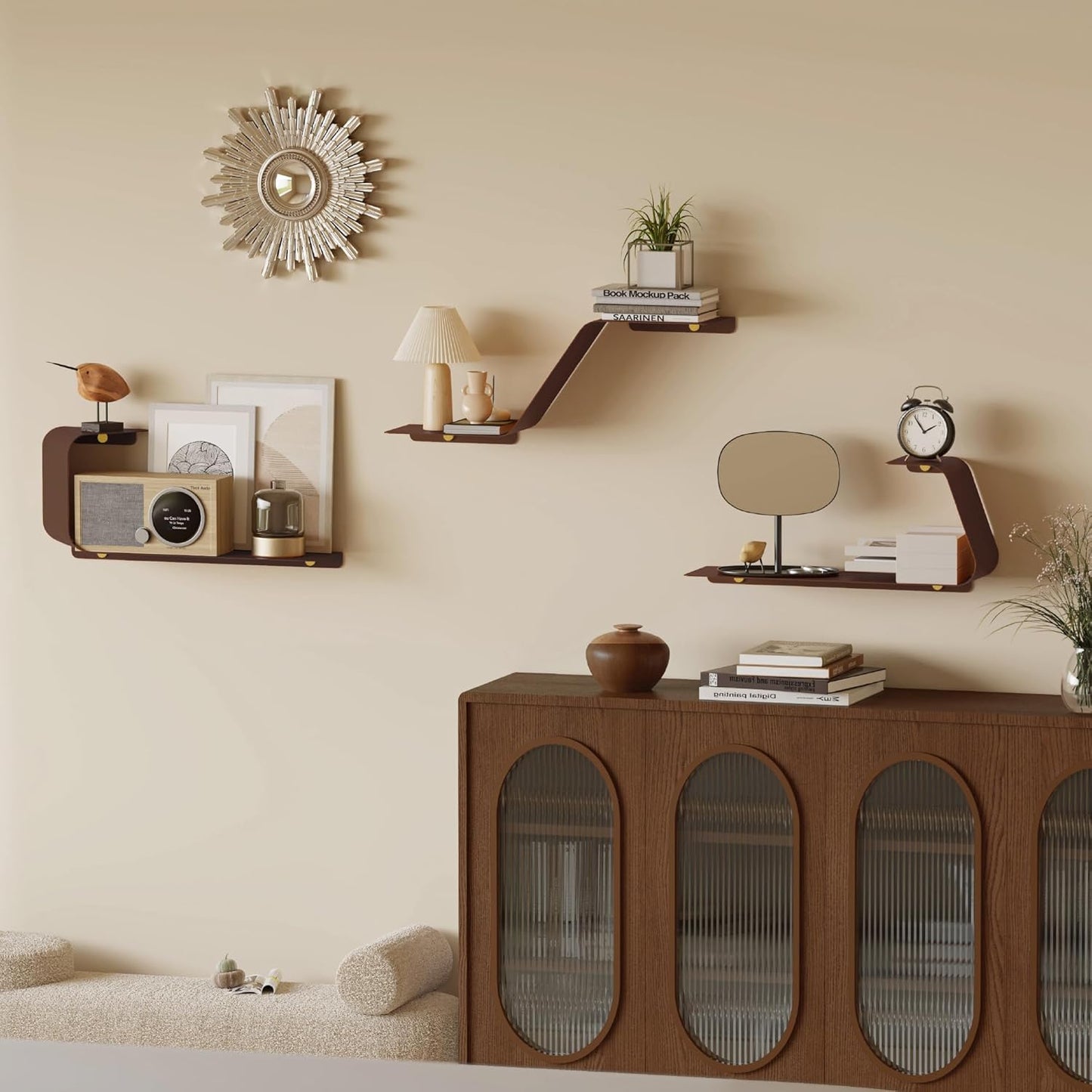 Floating Shelves, Wall Shelf, Set of 3 Wall Mounted Metal Shelves with Unique Design for Wall Storage, Book Shelf, Display Shelves for Bathroom Bedroom Kitchen Living Room for Home Brown
