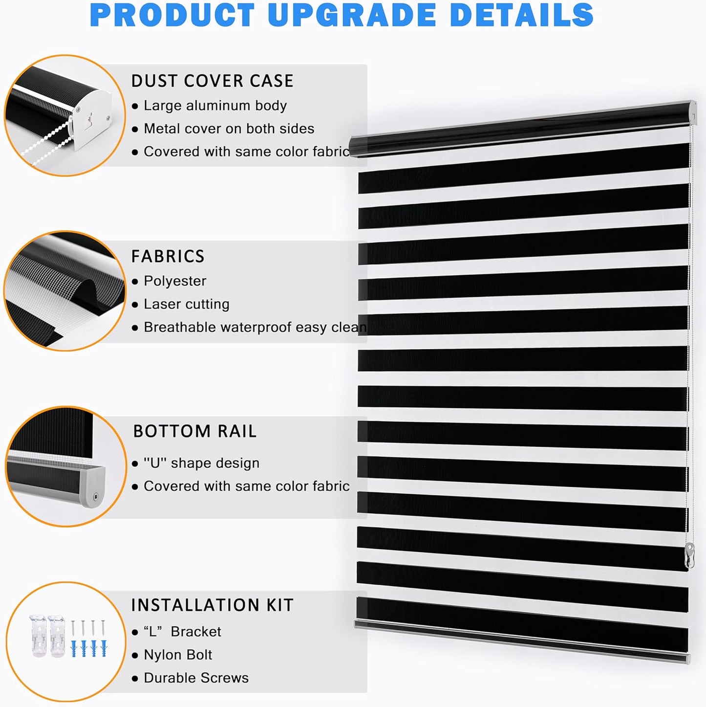 Blackout Zebra Blinds, Dual Layer Free-Stop, Room Darkening Zebra Shades, Blinds for Indoor Windows, Light Filtering Privacy Sheer Shade for Home(71" W X 72" H, Black)