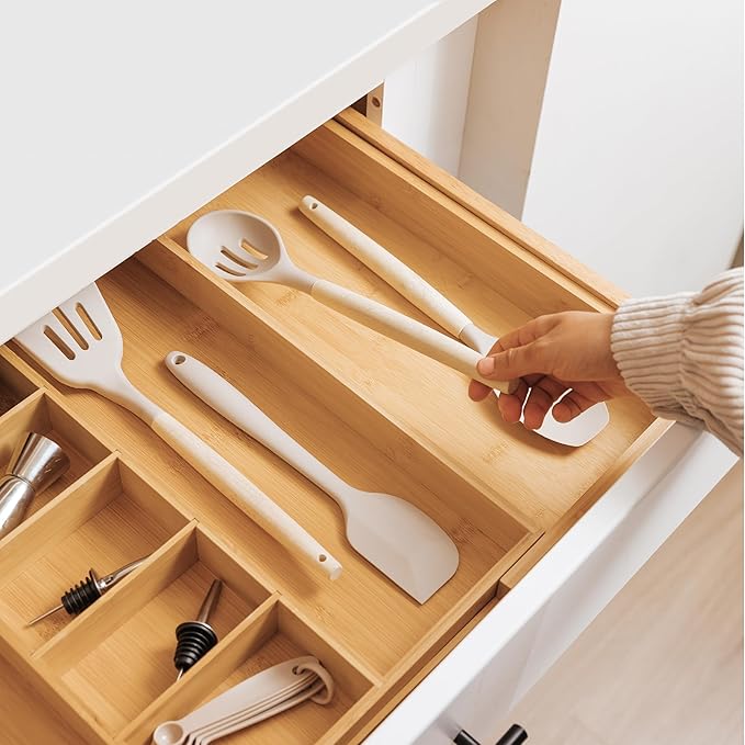 Adjustable Kitchen Drawer Organizer for Utensils and Junk, Food-Safe Contract Grade with 100% Sustainable Wood, Expandable from 19 to 33 Inches Wide - Natural Bamboo