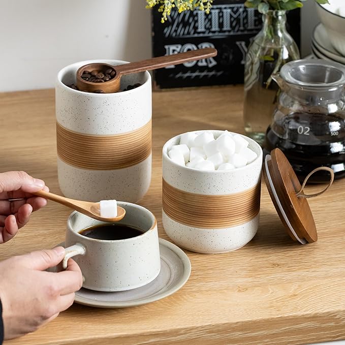 Small Ceramic Jar with Lid, Coffee Container Canister Kitchen Food Storage Jars for Spice Sugar Tea Bag, Stackable Decorative Jars for Countertop, White & 5oz