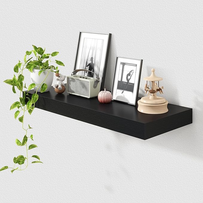 Deep Floating Shelves for Wall | 30 Inch Wide x 12 Inch Black Deep Floating Shelves | 30W x 12D Rustic Wood Wide Wall Shelves | Bookshelf Laundry Shelf TV Shelf