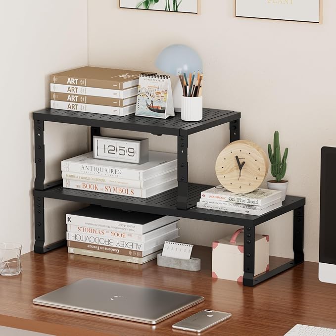 Metal Stackable Expandable Storage Shelf - Multi-Functional Home Storage Shelf, Suitable for Kitchen, Cabinet，Bathroom, Office, Garage, etc.（1PACK/Black/Large