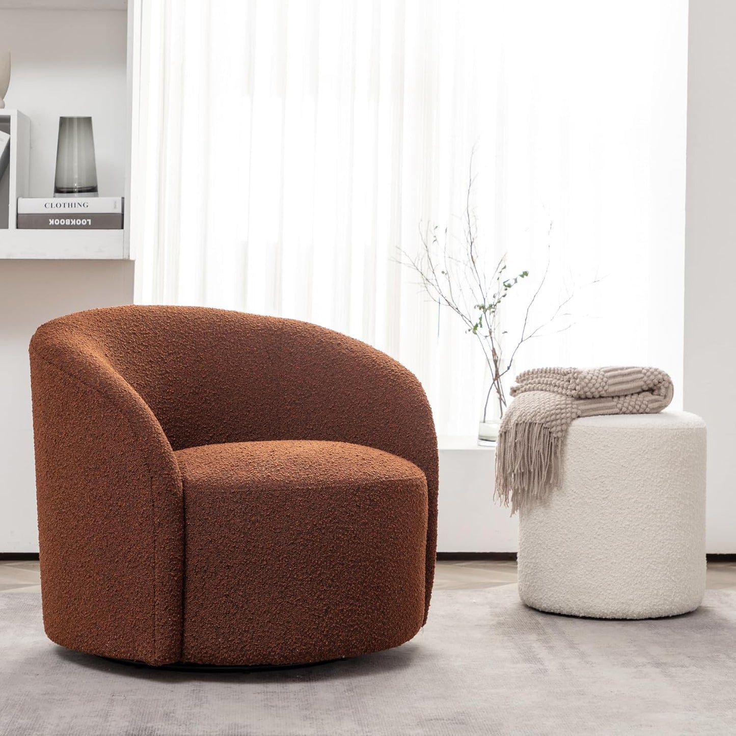 KINWELL 34" Boucle Swivel Barrel Chair with 18" Round Ottoman Set, Fully Assembled Set of Sherpa Accent Chair and Footrest, Modern Comfy Armchair and Footstool for Living Room and Bedroom, Brown