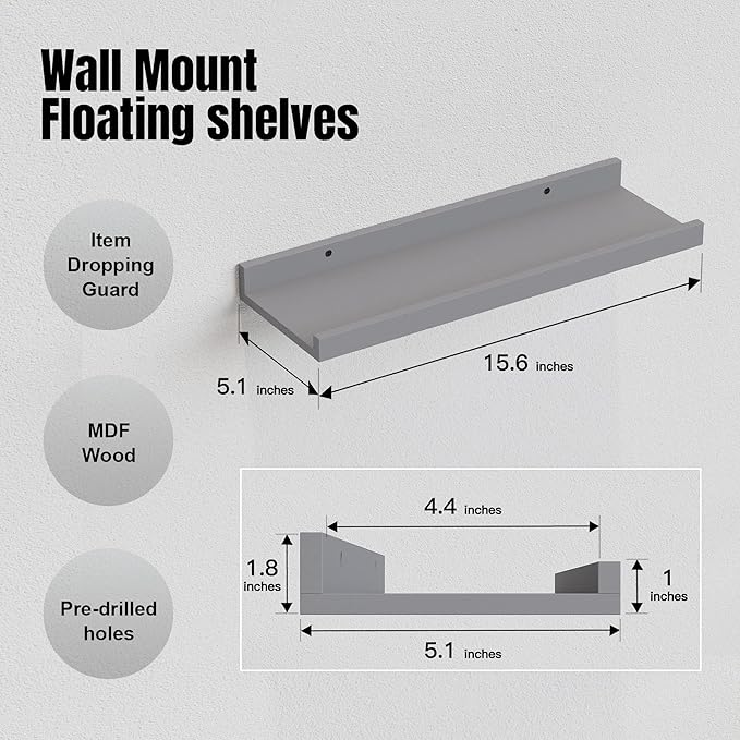 RICHER HOUSE 8 Set Floating Wall Mounted Shelves, Nursery Hanging Book Shelves with Lip for Storage, Gray Display Picture Ledge Shelf for Bedroom Bathroom Kitchen Living Room Wall Decor, Modern Grey