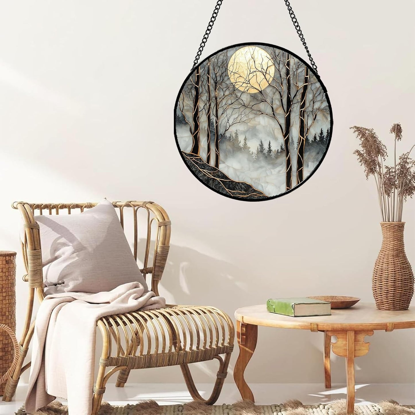 Stained Glass Window Hanging - Black and White Gold Moon Forest Sun Catcher for Door Home Decor Suncatcher Christmas Mother's Day Birthday Gifts for Women Men Lovers Mom Nana 11.8 in