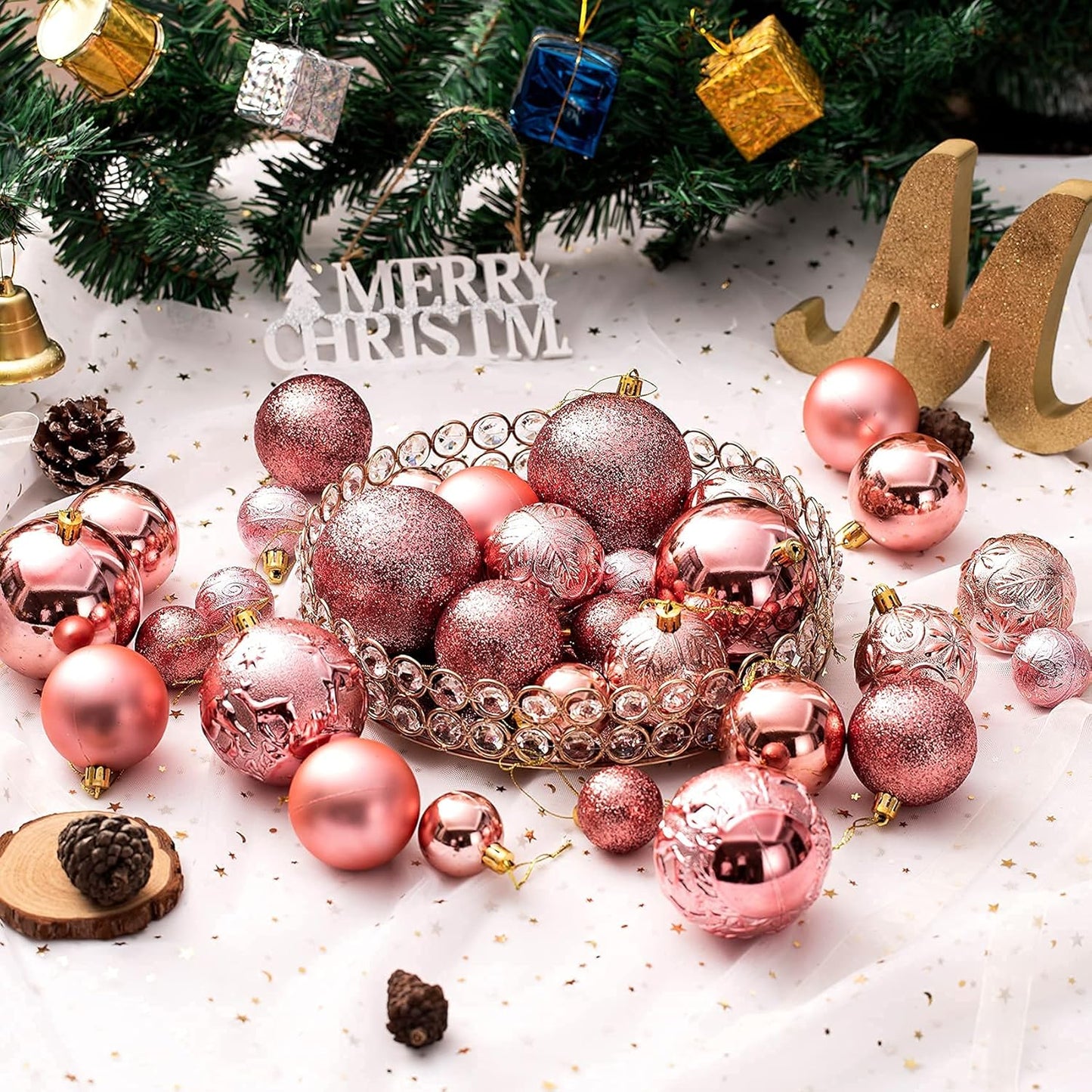 Senjie Rose Gold Shatterproof Christmas Ornaments, 32 Pcs, Plastic, Hanging, Christmas, Wedding