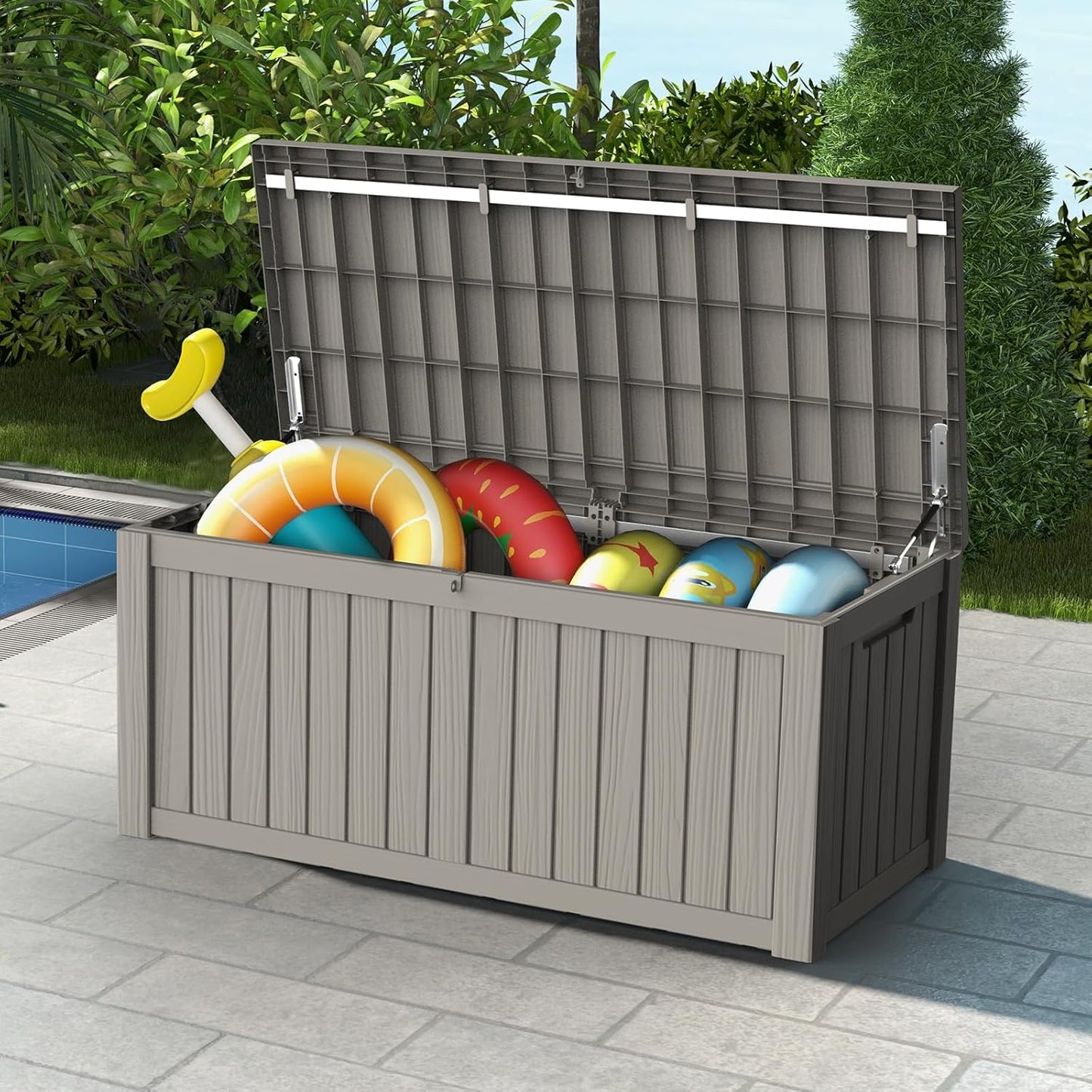 Mars Villa 119 Gallon Outdoor Storage Box Waterproof, Large Resin Deck Box for Pool Supplies Storage, Outdoor Patio Furniture Cushions, with Hydraulic Hinge, UV-Resistant and Weatherproof, Greige