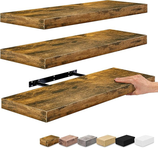 Sorbus Floating Shelves for Wall - 24" Bathroom Shelves, Wall Decor for Bedroom, Kitchen, Living Room, Home Decor & Book storage - Mounted Floating Shelf with Invisible Brackets (Rustic Brown, 3 Pack)