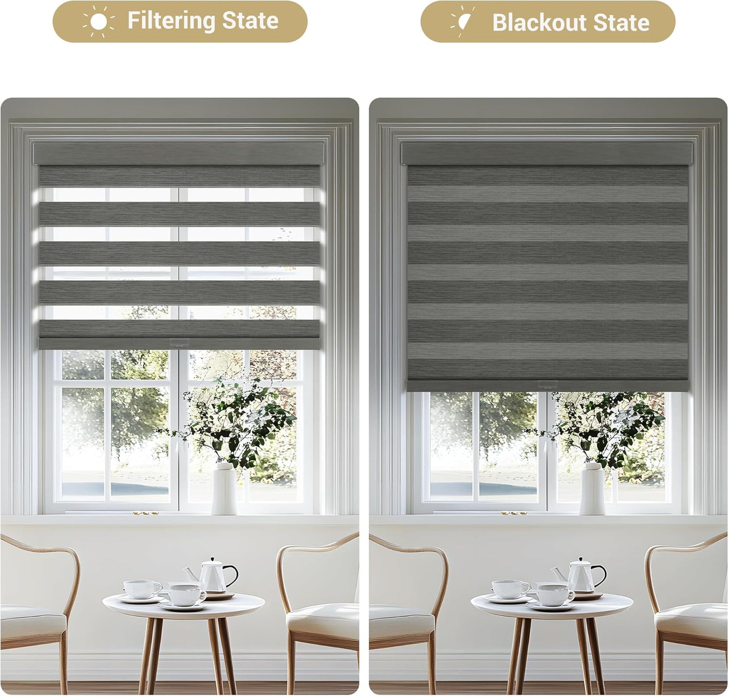 Cordless Zebra Blinds for Windows, Blackout Interior Blinds,Easy to Install,UV Protection,for Offices and Home,Custom Roller Shades, Mousse Grey,18" W x 48" H